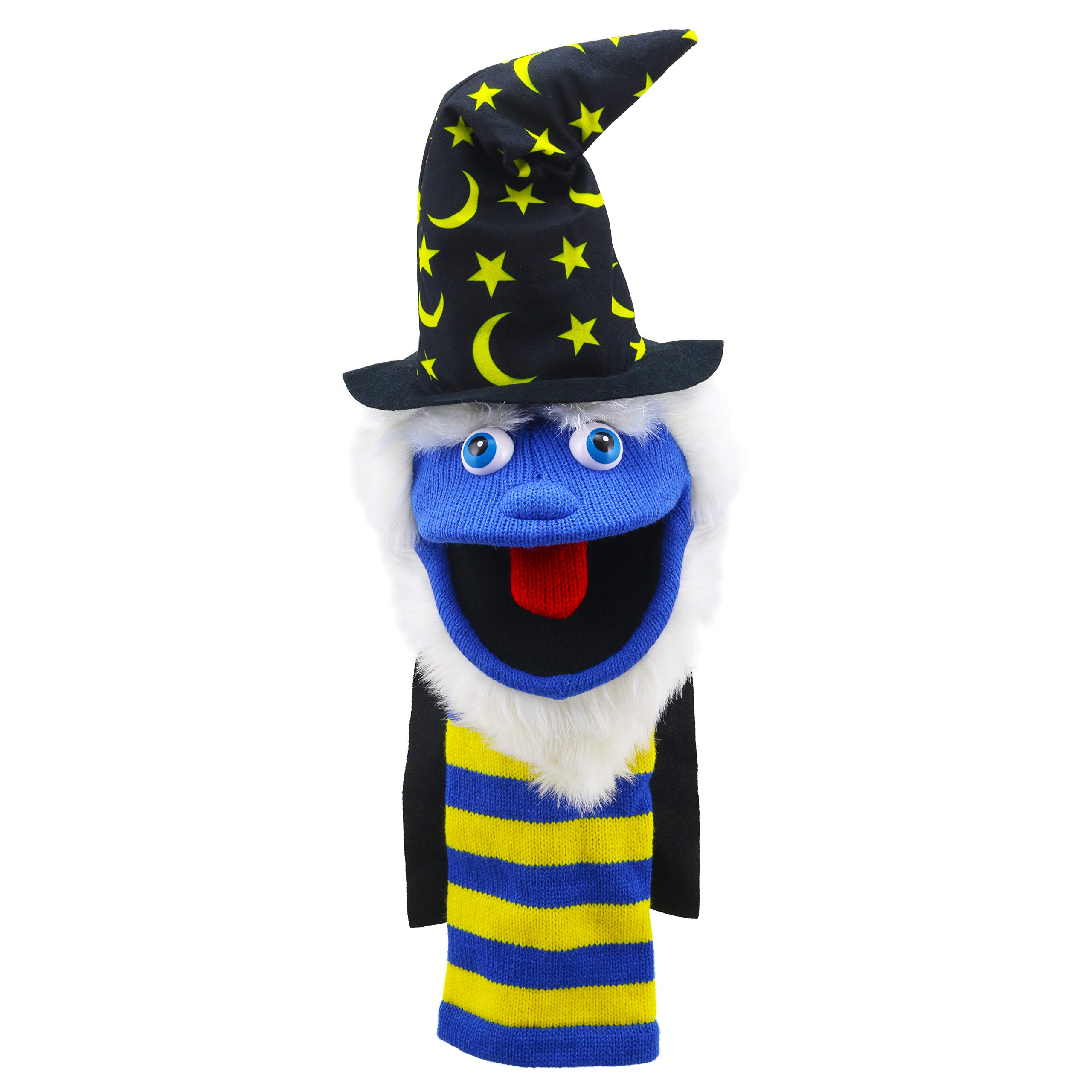 The Puppet Company Eco-Friendly Wizard Puppet - with Squeaker, 99% Recycled Materials, Embroidered Face, Bright Blue & Yellow, for Kids - 38cm