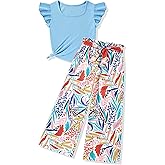 Crazyme Girls Clothes, Teen Girl Clothes Sleeveless Ruffle Trim Tank Top and High Waist Print Pants Summer Clothes 2PC 6-14