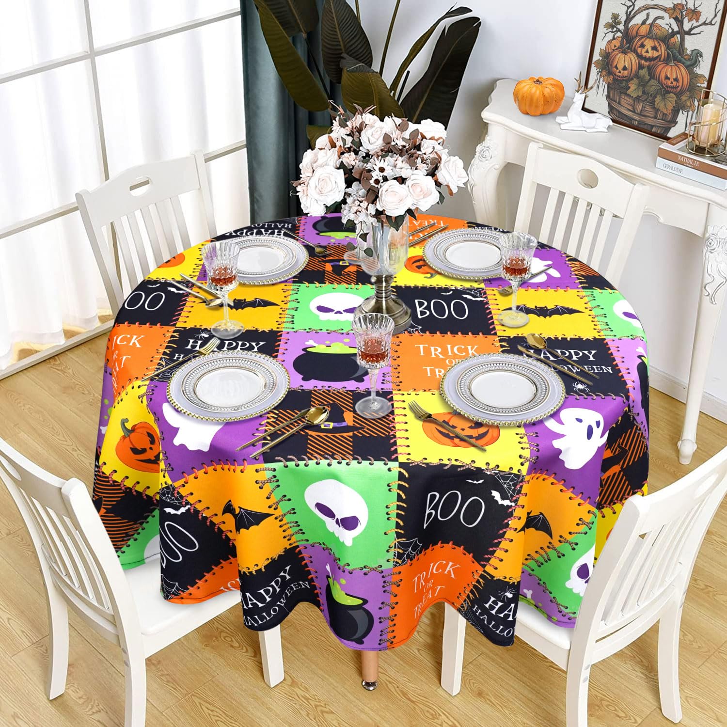 Photo 1 of Halloween Tablecloth, Halloween Table Cloth Waterproof, Halloween Kitchen Table Decor for Dining Holiday Party 60x60 Inch Round