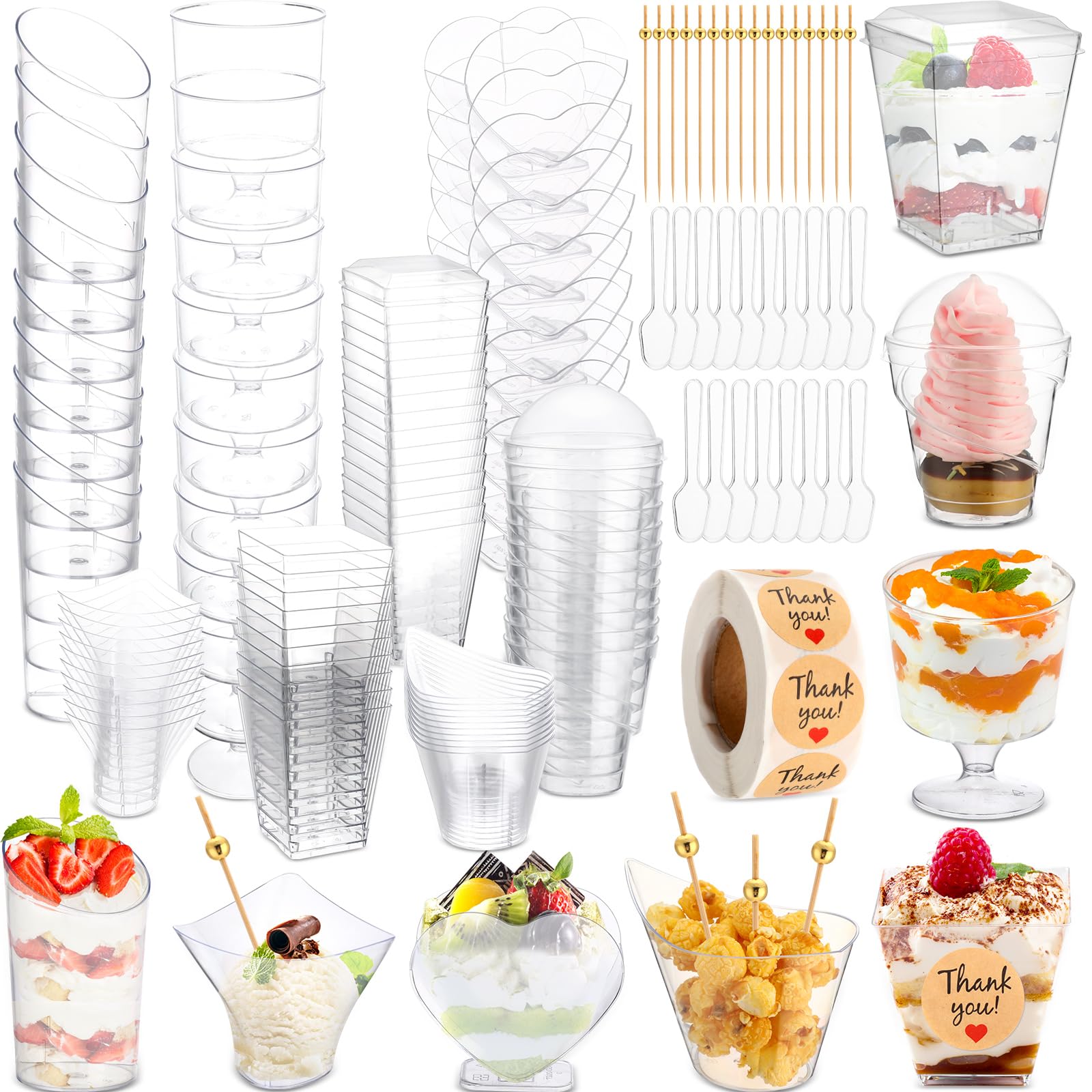 Photo 1 of *MISSING PARTS UNKNOWN*
LemonRoad 300 Pack 2/3/5/7oz Plastic Dessert Cups Set 8 Styles Clear Plastic Dessert Cups with 100 Spoons 100 Toothpicks 500 Sticker for Serving Fruit Trifle Mousse Ice Cream Pudding(Elegant)