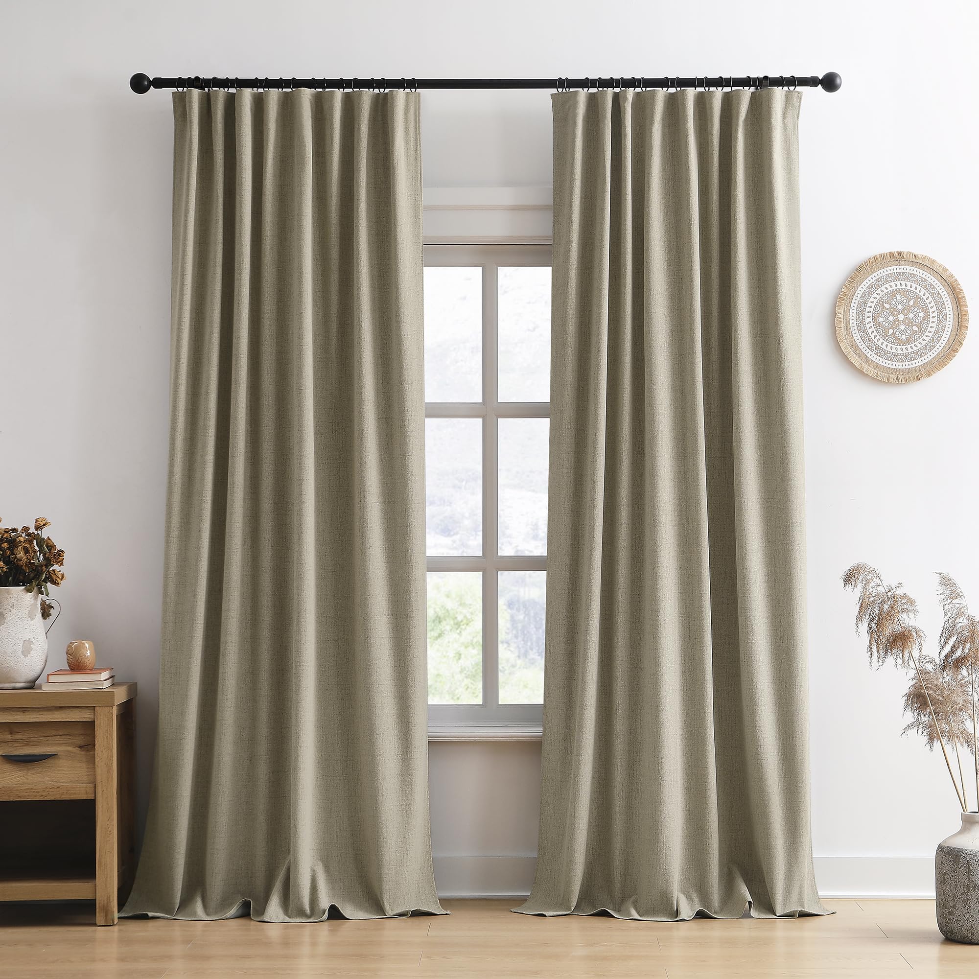 Photo 1 of 108 Inch Long Blackout Large Curtains 2 Panels,70 Wide Back Tab Window Drapes with Hooks,Track System Curtain Panels for Living Room Sliding Door Modern Farmhouse 70x108 in,70x9ft Light Taupe
