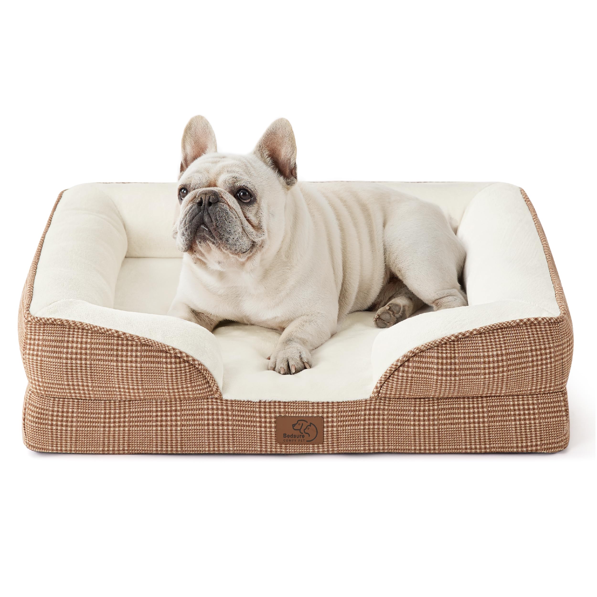 Photo 1 of Bedsure Orthopedic Dog Bed Medium Size Dogs - Washable Medium Dog Cat Bed Waterproof, Comfort Pet Couch Sofa with Washable Removable Cover, Pets Bed with Nonskid Bottom, Plaid-Brown, 28"
