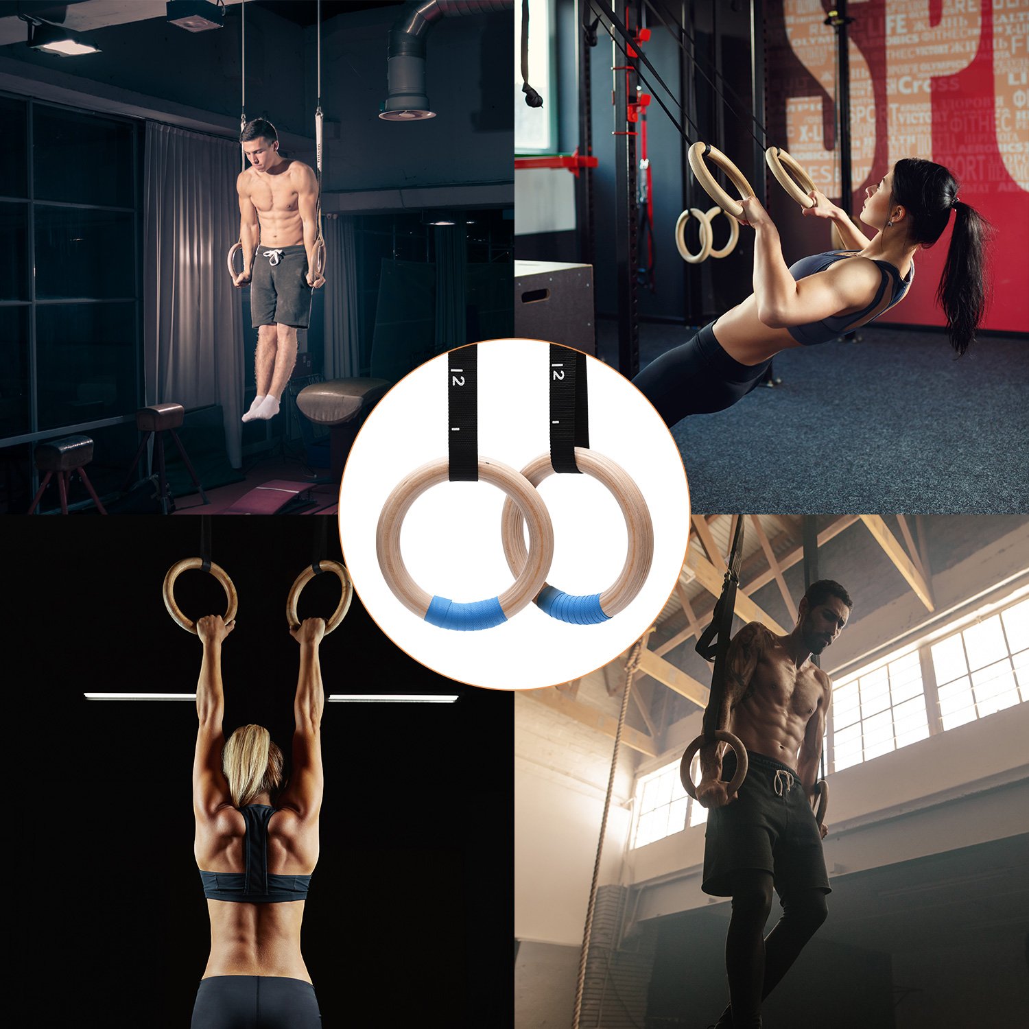 PACEARTH Gymnastics Rings Wooden Olympic Rings 1500/1000lbs with Adjustable Cam Buckle 14.76ft/9ft Long Straps with Scale Non-Slip Gym Rings for Home Gym Full Body Workout