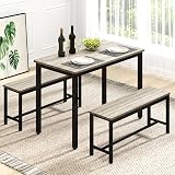 Rovibek Dining Table Set for 4 with 2 Benches – Space-Saving Kitchen Table Set for Kitchen & Dining Room, Grey