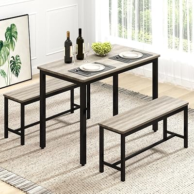 Rovibek Dining Table Set for 4 with 2 Benches – Space-Saving Kitchen Table Set for Kitchen & Dining Room, Grey