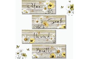 ZINYAZHE 4 Pcs Farmhouse Yellow Bathroom Wall Decor Yellow Daisy Floral Flowers and Butterfly Yellow Wall Art Relax Soak Unwind Breathe Rustic Wood Plaque for Kitchen Home Bedroom(Yellow,10 x 4 Inch)