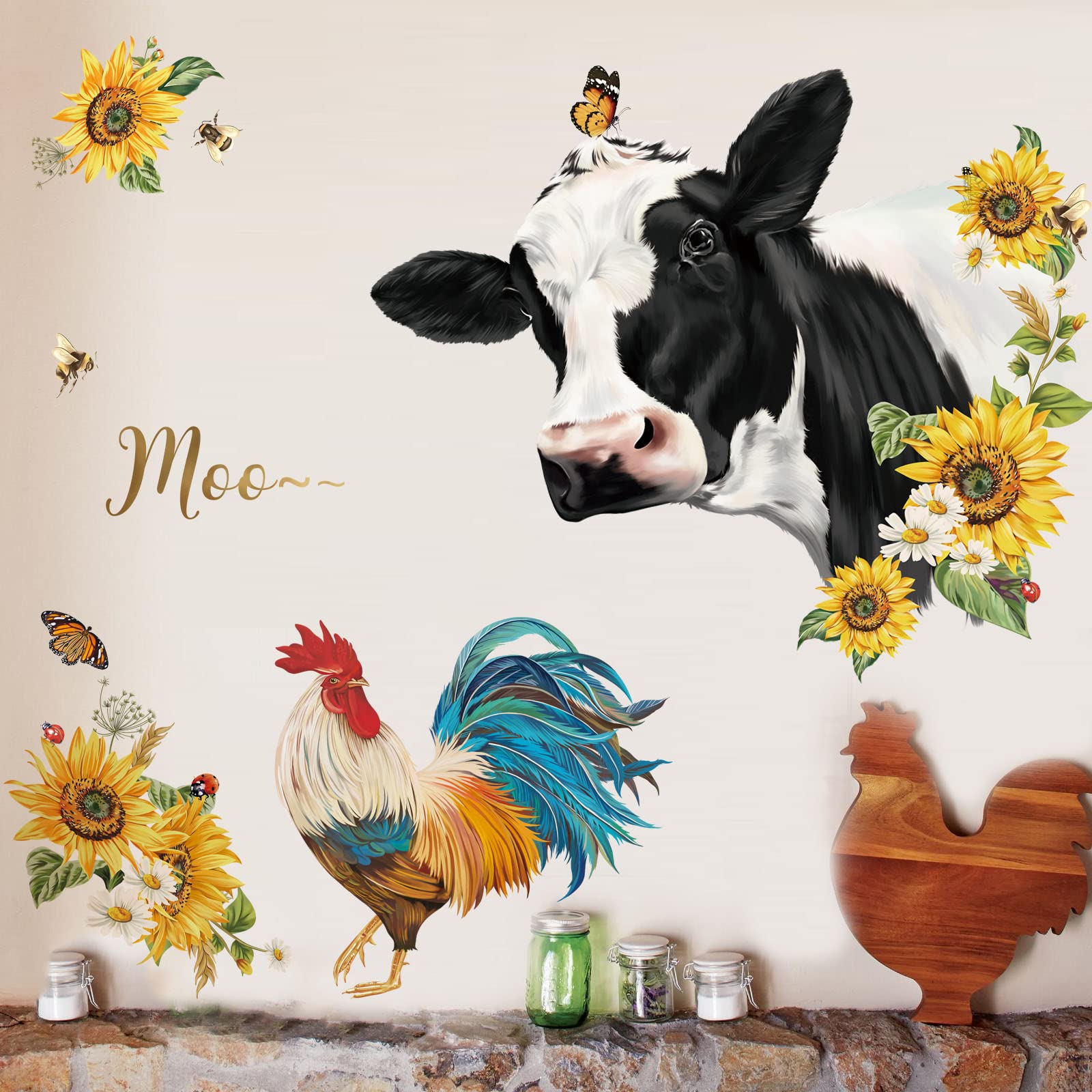 decalmile Farm Animals Cow Wall Stickers Rooster Sunflower Wall Decals Bedroom Living Room TV Wall Home Decor