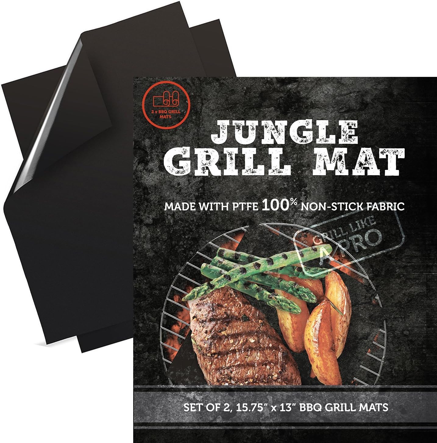 Jungle Grill Mat Set of 2 - Thicker than MOST other mats - Premium Non Stick BBQ Grill Mats - Easy to Clean Reusable Durable Heavy Duty, 500 Degree, FDA verified