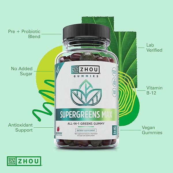 ZHOU SUPERGREENS MAX GUMMIES, GREENS ANTIOXIDANT BLEND, SUPERFOOD SUPPORT SUPPLEMENT, DIGESTION AND IMMUNE HEALTH, CELLULAR ENERGY, PREBIOTIC AND PROBIOTIC BLEND, NO ADDED SUGAR, 60 VEGAN GUMMIES