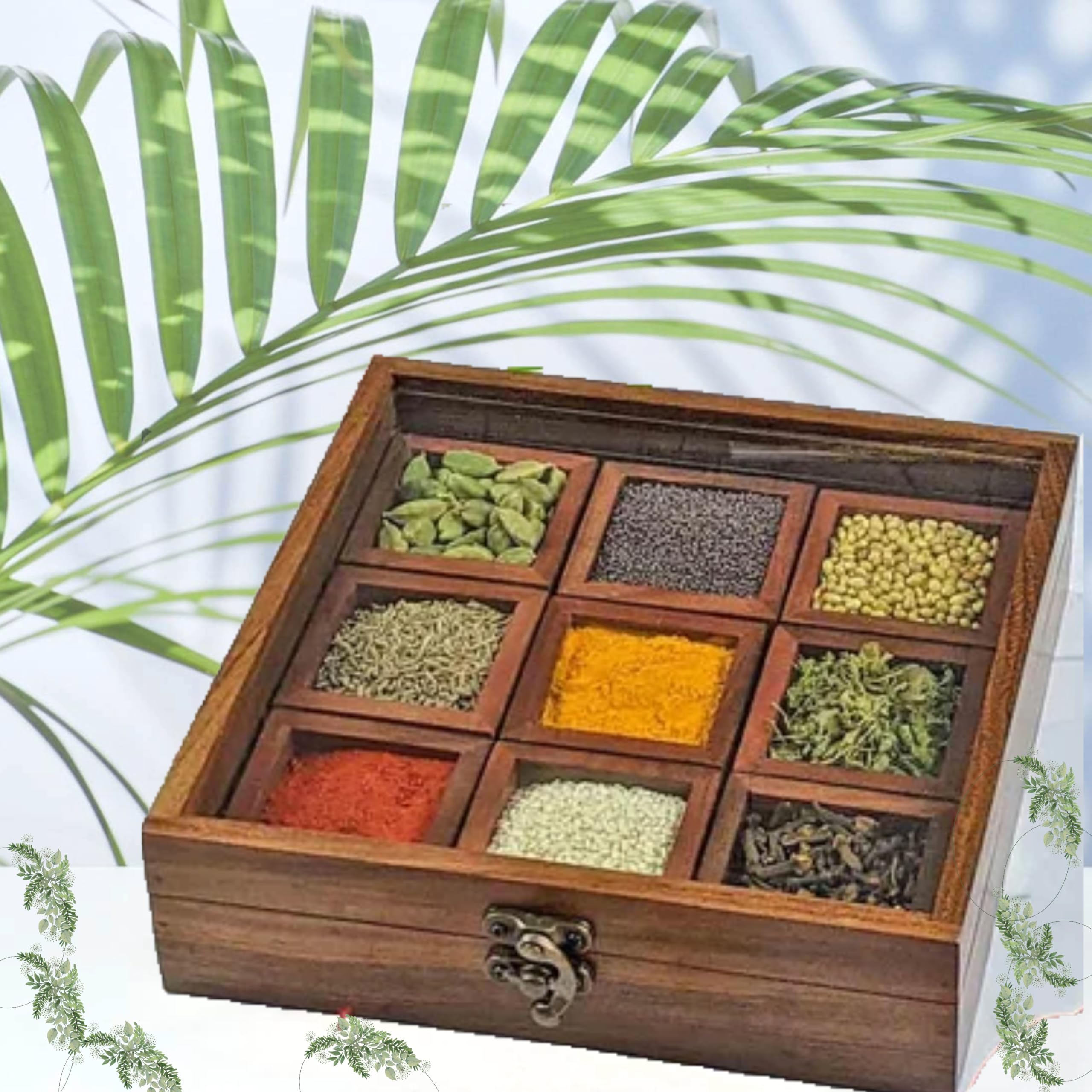 India House - Masala Dabba Indian Wooden Spice Box with Glass Top and Spoon (8 Inches)