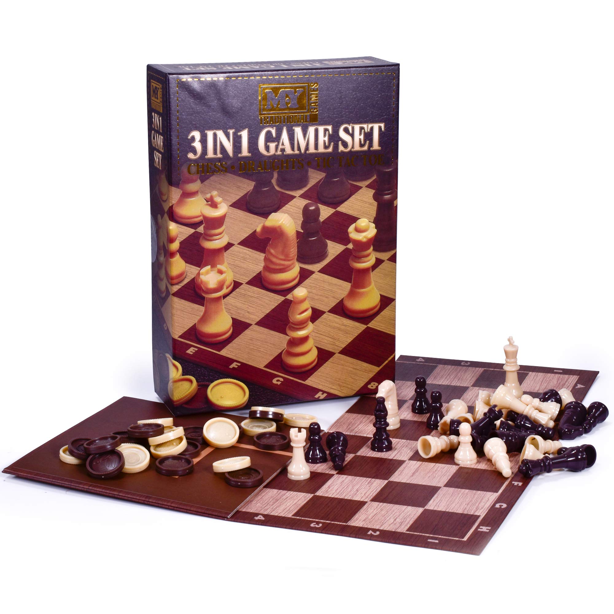 3 in 1 Traditional Retro Board Game Set Compendium Chess, Draughts, Tic Tac Toe