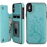 Vaburs for iPhone Xs Max Wallet Case with Card Holder, Embossed Butterfly Premium PU Leather Double Magnetic Buttons Flip Shockproof Protective Case Cover for iPhone Xs Max (6.5", Green)