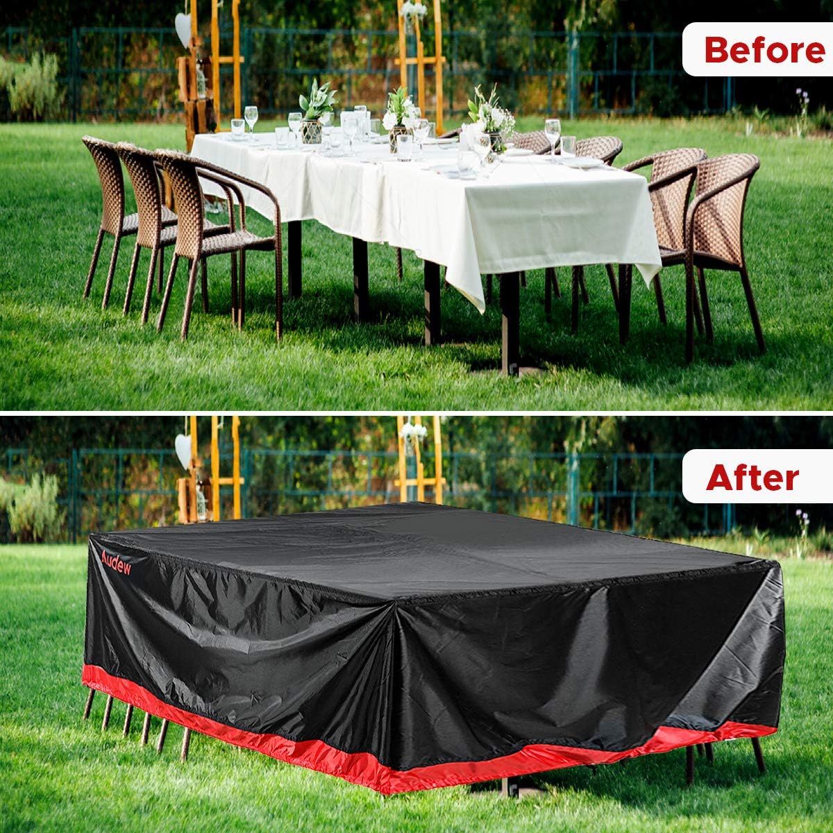 Audew Patio Furniture Covers 420D Upgrade Version Patio Table Cover Oxford Polyester Outdoor Furniture Covers Waterproof Fits for 6-8 Seats Blcak-Red 90.5''x64.5''x28.5'': Furniture & Decor