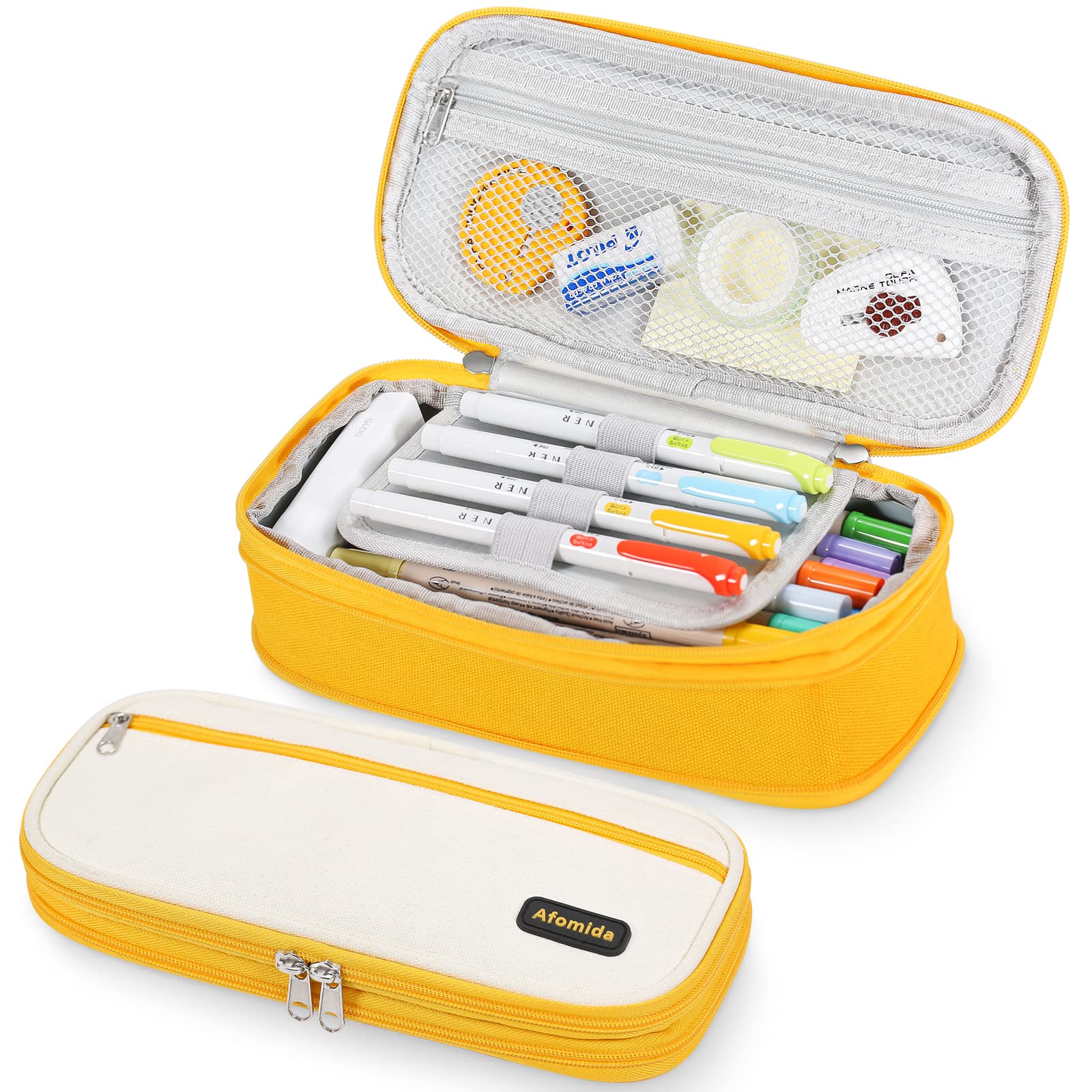 Afomida Large Pencil Case Big Capacity Pencil Cases Stationery pen bag Makeup Bag School High Capacity Storage Pencil Bag Pencil Pouch Portable Gift for Office School Teen Girls Boys Students (Yellow)
