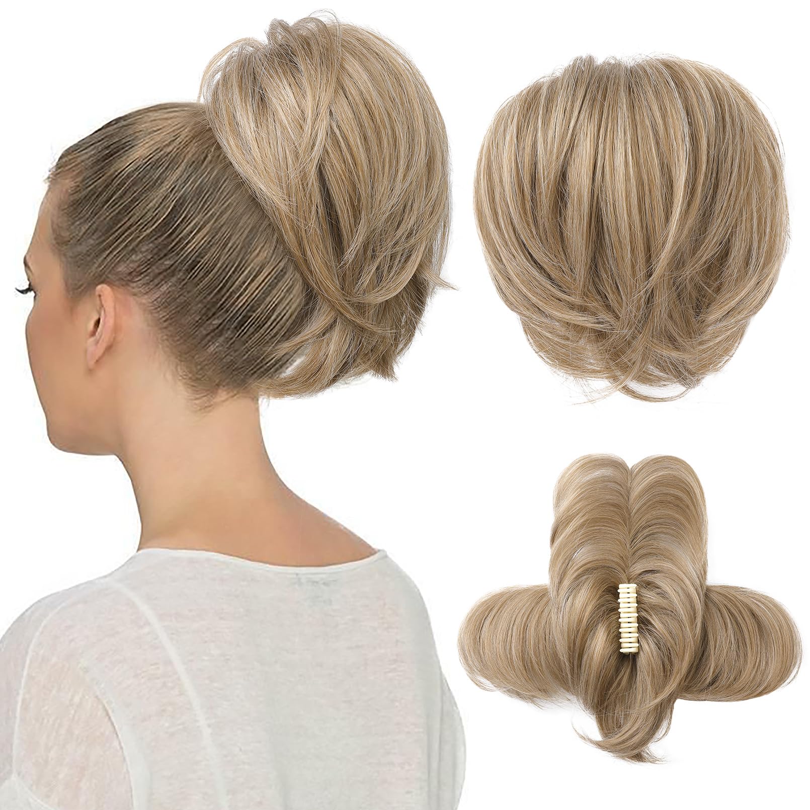 REECHO Claw Clip Messy Bun Hair Piece Short Ponytail Extension with Bendable Metal Wire Fake Bun Hair Pieces for Women - Golden Blonde with Highlights — image 1