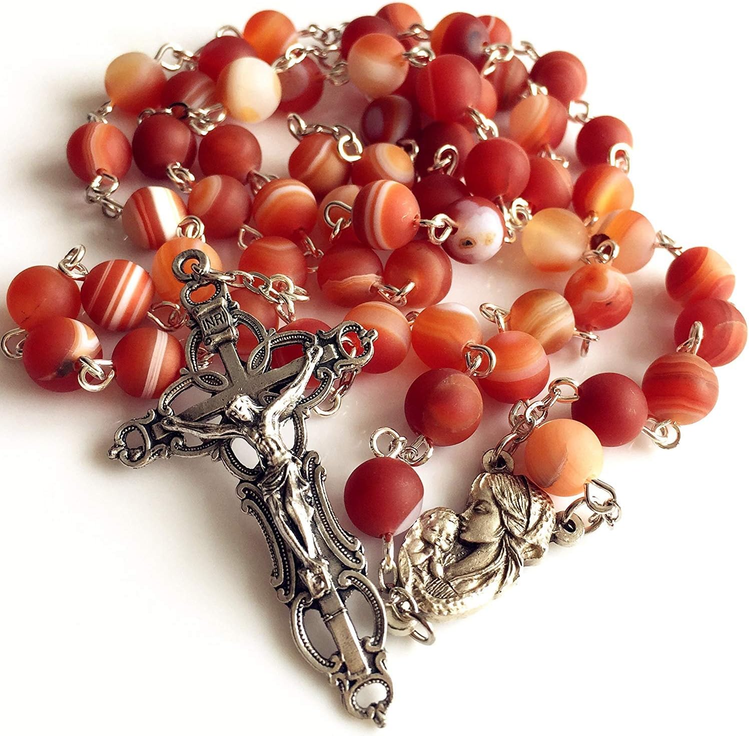 elegantmedicalHANDMADE Tibet Red Agate/Carnelian beads Catholic 5 DECADE Holy Mary Child Rosary Necklace Cross crucifix & Gift Box