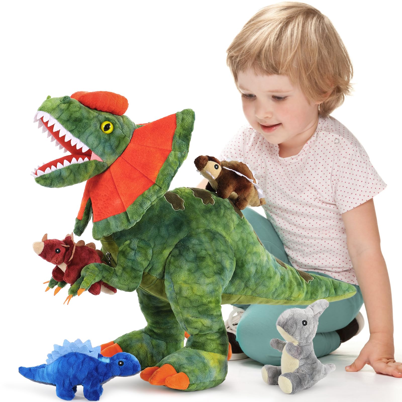 Photo 1 of MorisMos Plush Dinosaur Stuffed Animal with Babies,18'' Giant Mommy Stuffed Dilophosaurus with 4 Baby Dino Plushies Inside Belly,Boy Girl Dinosaur Toys for Kids 3-5,5Pcs Dinos Gift for Birthday Party
