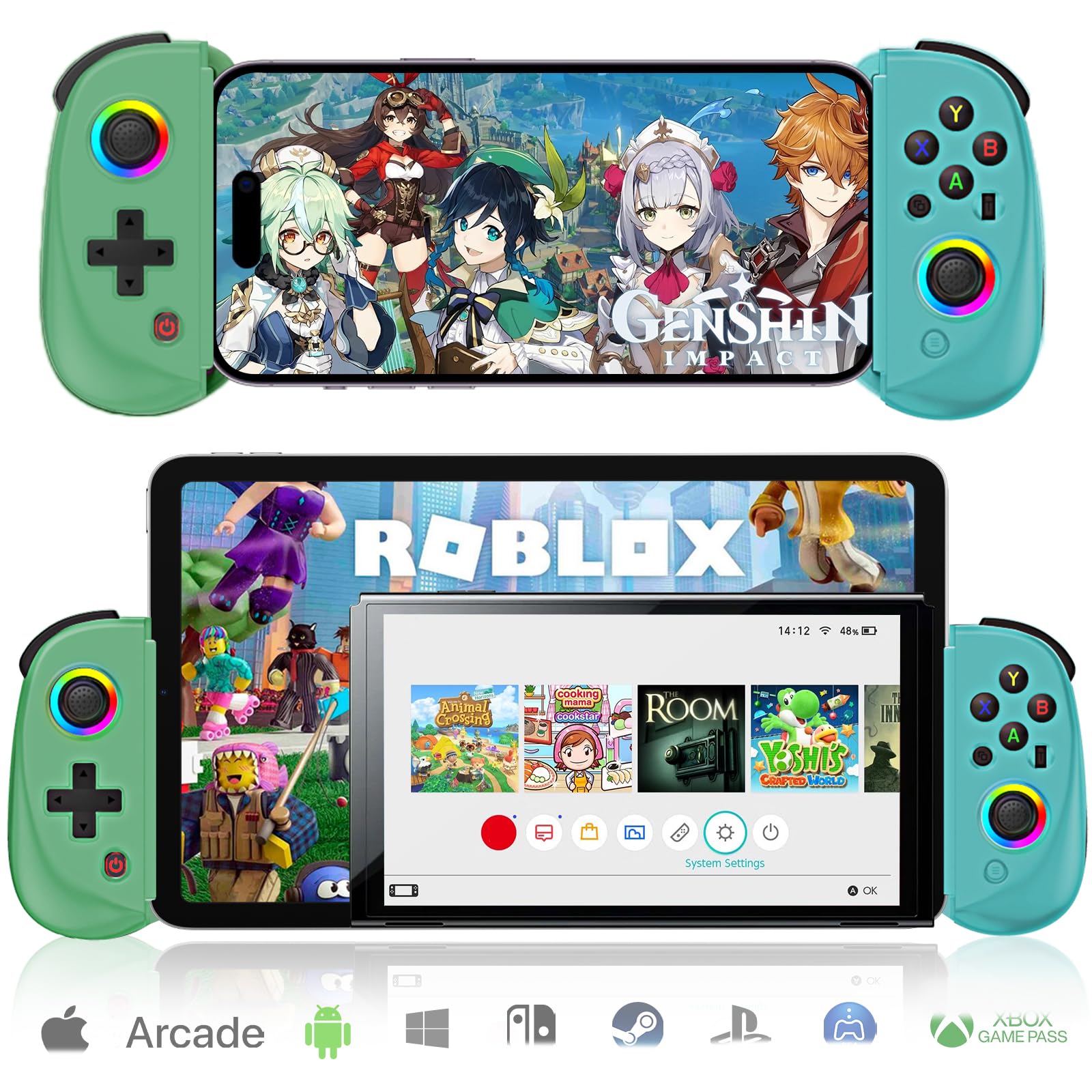 arVin Mobile Gaming Controller for iPad/Tablet[Within 5-10"] Phone Game Controller for iPhone/Android with RGB Hall Effect Joystick/Turbo/6-Axis Gyro/Vibration/Support Streaming on Xbox/PS4/PC Console