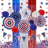 July 4th Party Decoration Set, Fourth of July Red White Blue Paper Fans, USA American Flag Pennant, PomPomPoms Flower, Foil Tassel Curtains, Star Ribbon, Independence Day Party Supplies-01