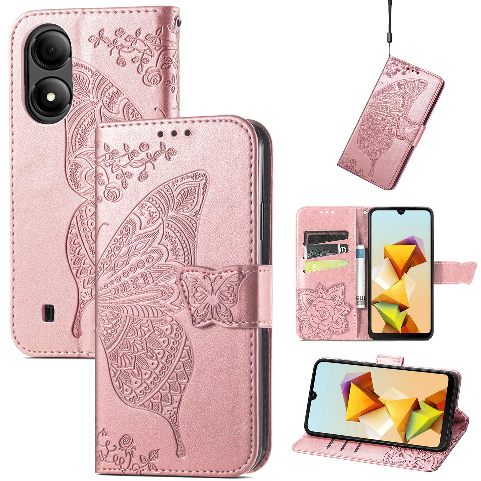 JIUNINE Case for ZTE Blade A33S, Leather Wallet Case Flip Cover with Butterfly Embossed Pattern [Card Holder] [Magnetic Closure] [TPU Inner Shell] for ZTE Blade A33S, Rosegold