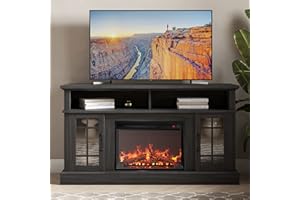 BELLEZE Traditional 58" Rustic TV Stand with 23" Electric Fireplace Heater with Sound, Media Entertainment Center Console Table for TV up to 65" with Open Storage Shelves and Cabinets - Rustic Grey