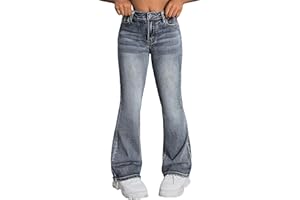Zeoleviy Girls Jeans Flare Bell Bottom High Elastic Waist Stretchy Denim Pants Cute Y2K Bootcut Streetwear with Pockets 7-14Y