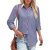 Striped Button Down Shirts for Women Cotton Dress Shirt Long Sleeve Collared Blouse Tops Business Office Attire