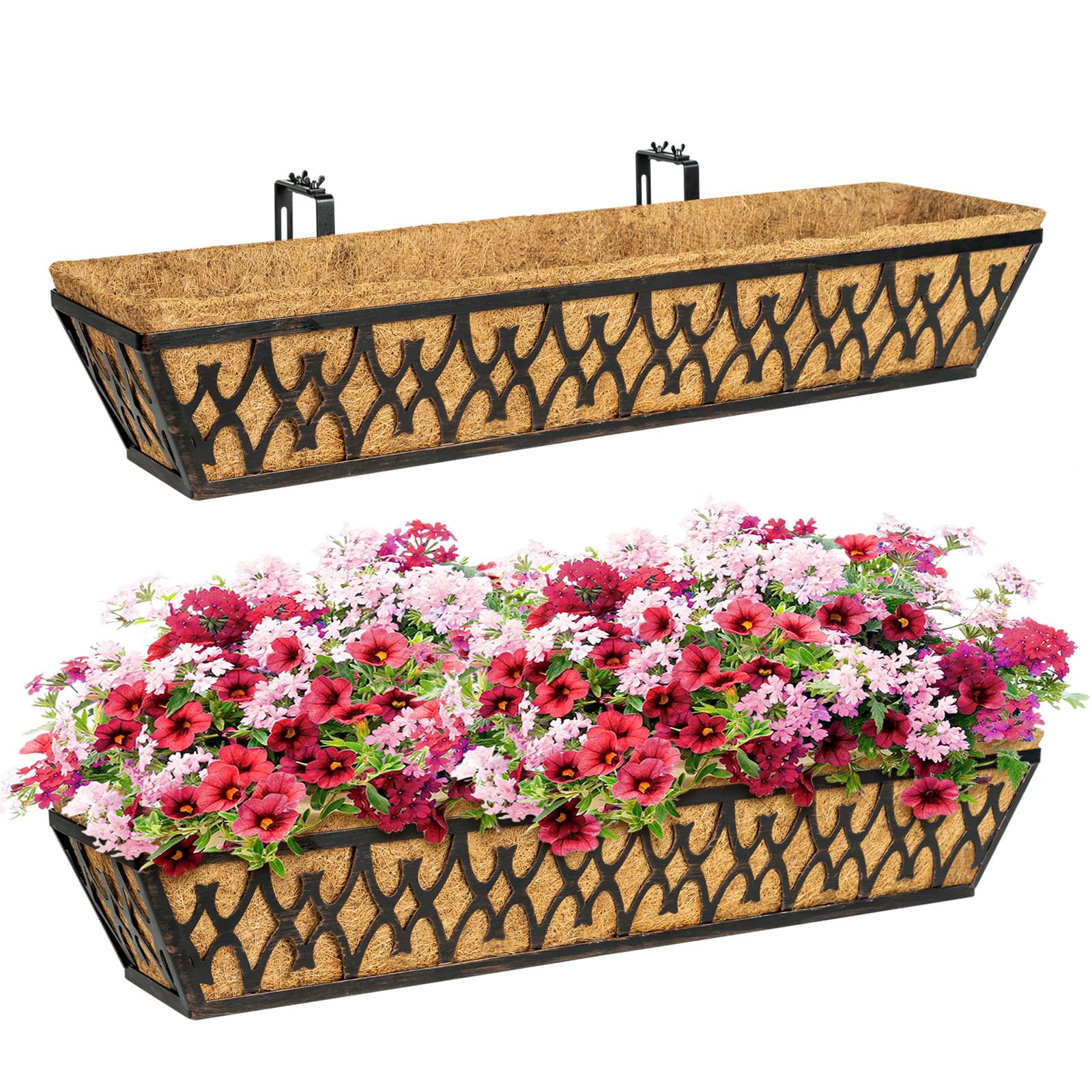 Photo 1 of 2 Pack 30 Inch Window Boxes Planters Railing Planter Box with Adjustable Brackets for Porch Fence Patio Balcony Hanging Flower Baskets with Coco Liners for Outdoor Garden Décor - Bronze