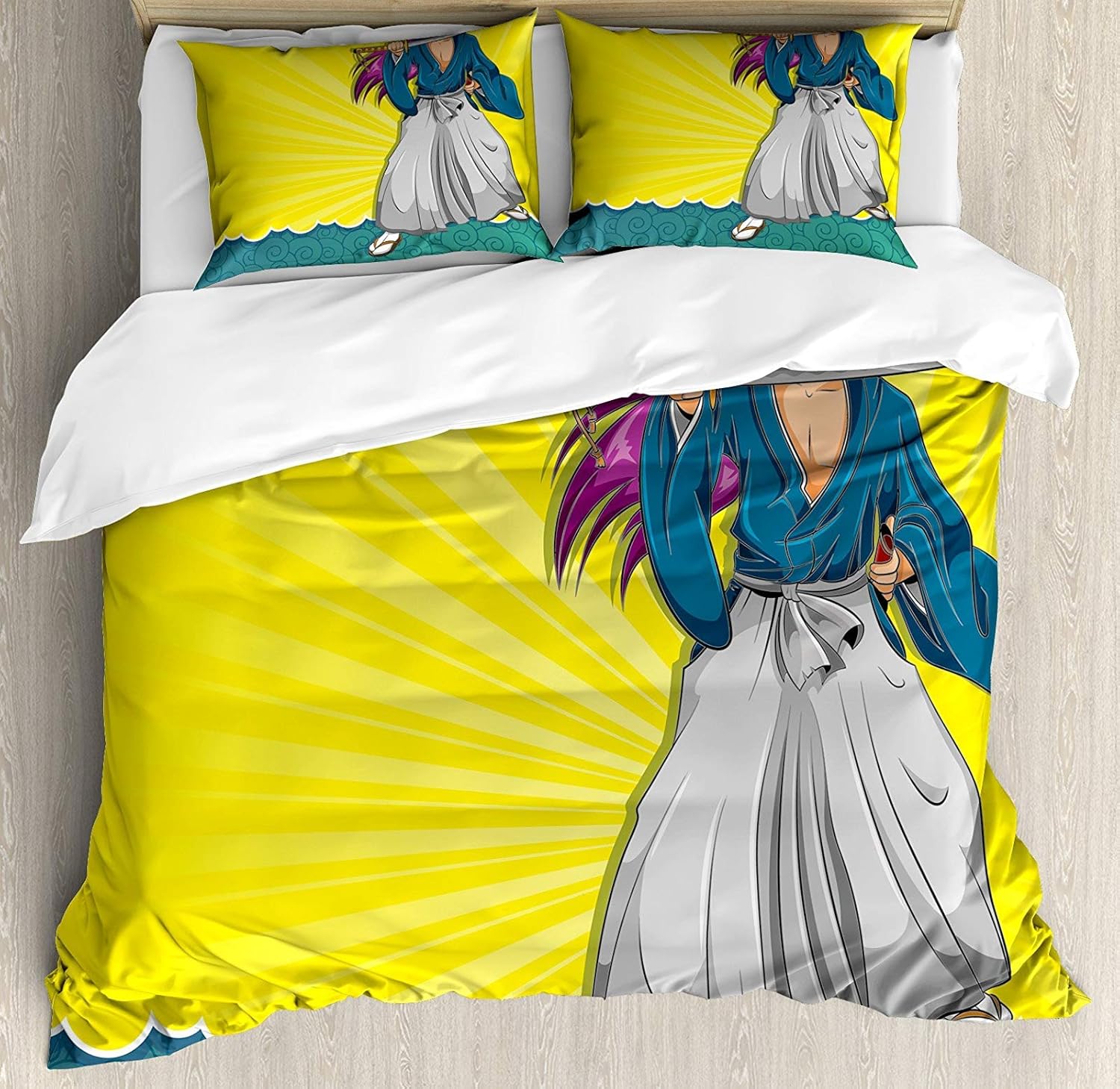 Amazon Com Anime Twin Size 4 Pcs Bedding Set Manga Style Girl Samurai Warrior Character On Abstract Background In Yellow And Blue All Season Duvet Cover Bed Set Multicolor Home Kitchen