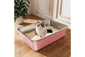 Qiuma Stainless Steel Litter Box, Large Metal Cat Litter Box with High Sided for Big and Small Cats, Non-Stick, Easy to Clean, Odor-Free, 23.4" L×15.6" W×5.9" H, Blush Pink