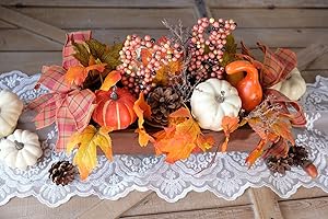 CIR OASES Table Centerpiece Wooden Box with Artifical Pumpkin, Pine Cones,Maple Leaves,Red Berries for Autumn Fall Decorations Holiday Tabletop Display Table Decor