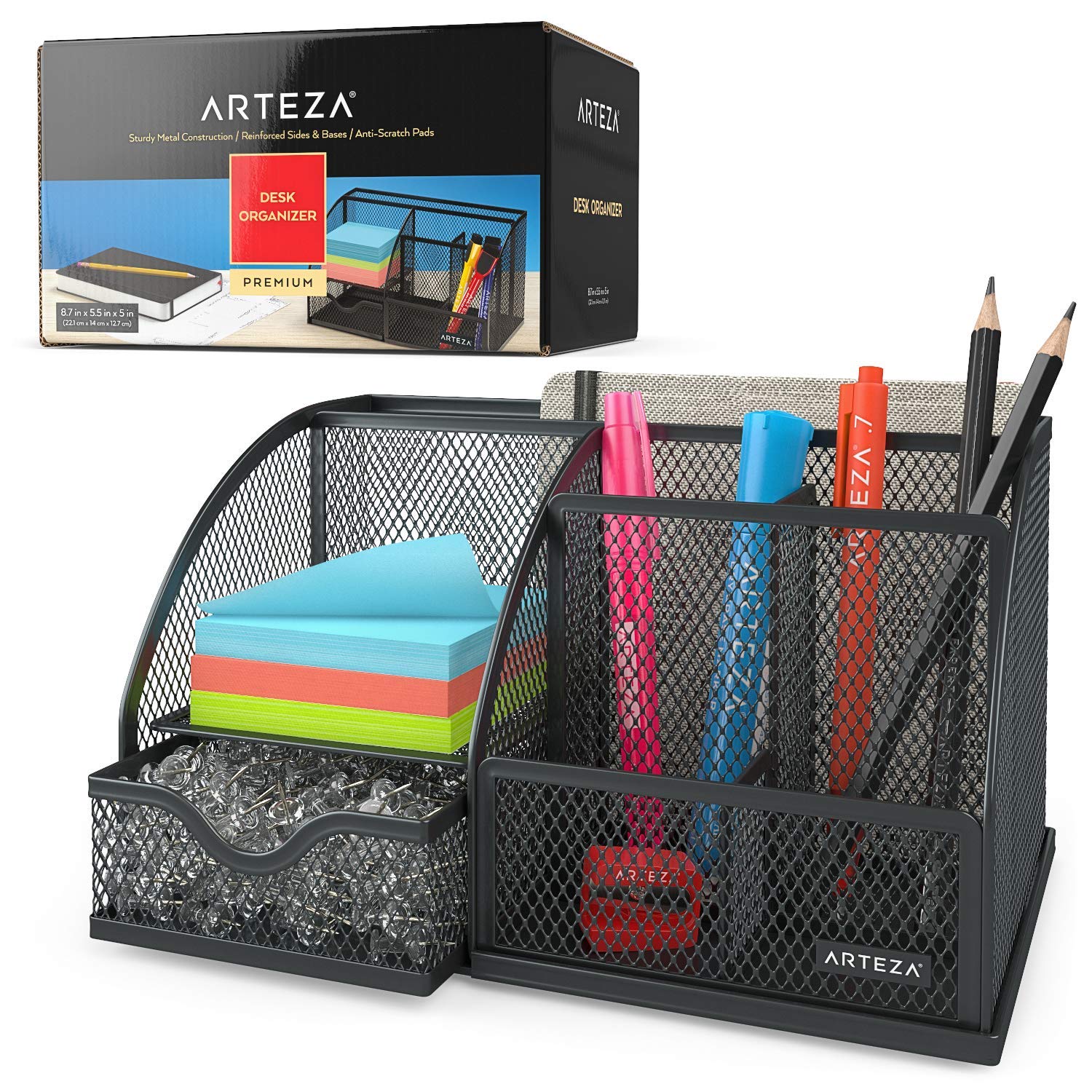Arteza Metal Mesh Desk Organiser with Drawer, Black 6-Compartment Multi-Functional Desk Tidy for Office Supplies & Accessories Like Pens, Pencils, Notes, Staplers & Scissors