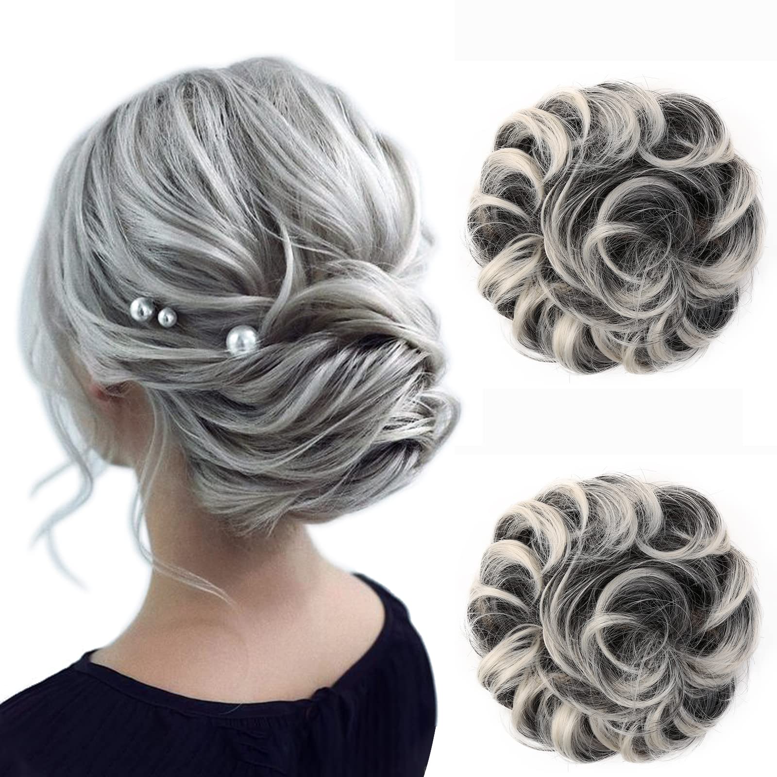 JJstar 2PCS Messy Bun Hair Piece Curly Fake Hair Buns Donut Tousled Updo High Heat Resistant Synthetic Fiber Hair Scrunchies Pieces for Women Girls Ponytail Extension