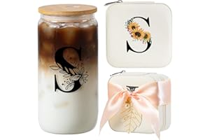 AYGXU Initial glass cups with lids and straws,personalized gifts for women,iced coffee cups,small jewelry box,travel jewelry case organizer,small jewelry travel case,Initial S white