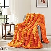 L'AGRATY Chunky Knit Blanket Throw: 50''x60'' Chenille Chunky Knitted Throw Blanket for Bed Couch - Handmade Thick Big Cable Knit Blanket - Large Chunky Crochet Rope Blanket for Home Decor(Orange)