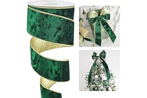 HUIHUANG Green Christmas Velvet Wired Ribbon 2.5 inch Forest Green Velvet with Gold Glitter Ribbon for Christmas Tree, Bows, Wreaths, Garlands, Home Decor- Continuous 10 Yards
