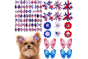 Wavwavw 52 Pcs 4th of July Dog Hair Bows Bulk with Rubber Bands Patriotic Dog Grooming Bows for American Flag Independence Day Memorial Day Holiday Cute Pet Puppy Cats Hair Accessories