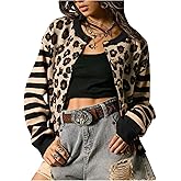 SOLY HUX Women's Leopard Cardigan Sweater Y2k Striped Button Down Long Sleeve Crewneck Colorblock Trendy Tops