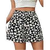 MakeMeChic Women's Summer Shorts Casual Daisy Floral Wide Leg High Waist Petite Mini Shorts