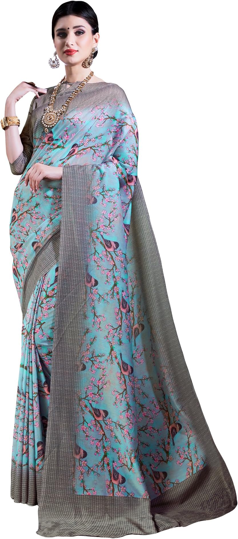 Mrinalika Fashion Women's Muslin (Cotton Silk) Saree With Blouse Piece (Sky Blue_Free Size)