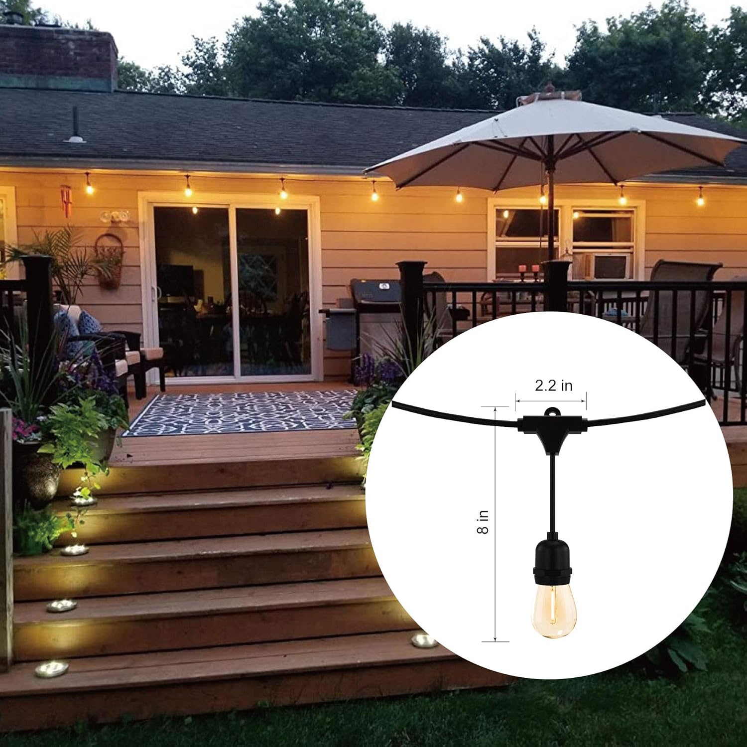 Outdoor String Lights LED 100FT Commercial Grade Heavy Duty Light String Lights with 30 Sockets 32 Shatterproof Plastic Bulbs Include 2 Spare S14 Dimmable Edison Bulbs Patio Market Cafe String Lights - - 