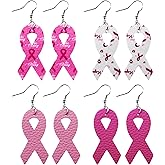 4 Pairs Pink Ribbon Breast Cancer Awareness Drop Dangle Earrings Bulk PU Leather Bow Teardrop Survivor Support for Women Christmas Lightweight Statement Holiday Jewelry