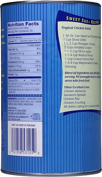 SWEET SUE BONELESS CHICKEN WITH BROTH, COOKED CANNED CHICKEN- 10G PROTEIN – GLUTEN FREE, KETO FRIENDLY – GREAT FOR FAMILY, FOOD SERVICE RESTAURANT, CAFETERIA- 50 OZ CAN (PACK OF 1)