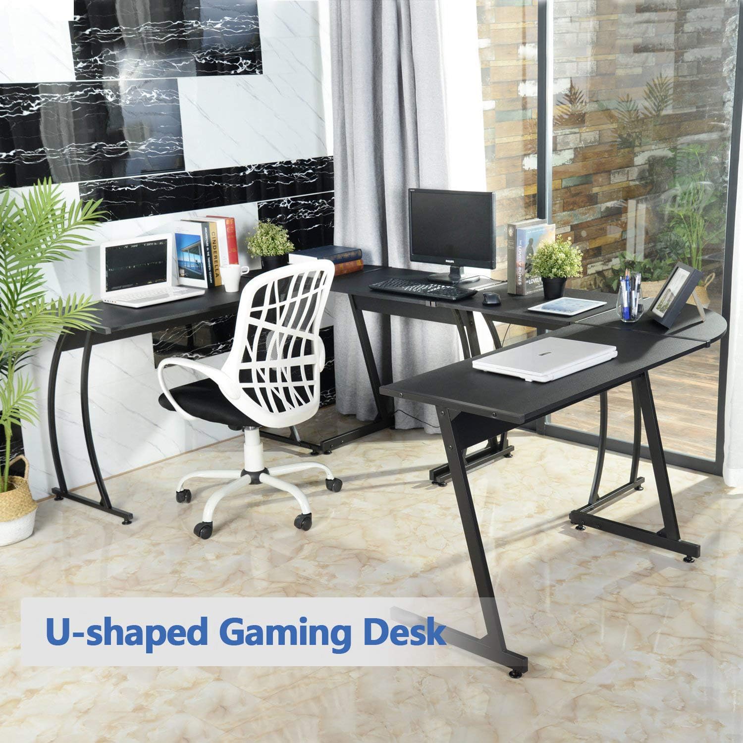 GreenForest L-Shaped Corner Desk Computer Gaming Desk PC Table,Home Office Writing Workstation 3-Piece,Black: Furniture & Decor