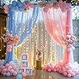 Pink Blue Sheer Tulle Backdrop Curtains with Lights String for Gender Reveal Baby Shower Decorations for Boy or Girl Birthday Party Photo Shoot Backdrop Background Decorations 2 Panels 5×8ft