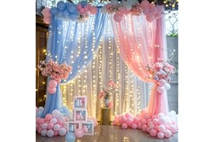 SUPPROMO Pink Blue Sheer Tulle Backdrop Curtains with Lights String for Gender Reveal Baby Shower Decorations for Boy or Girl Birthday Party Photo Shoot Backdrop Background Decorations 2 Panels 5×8ft