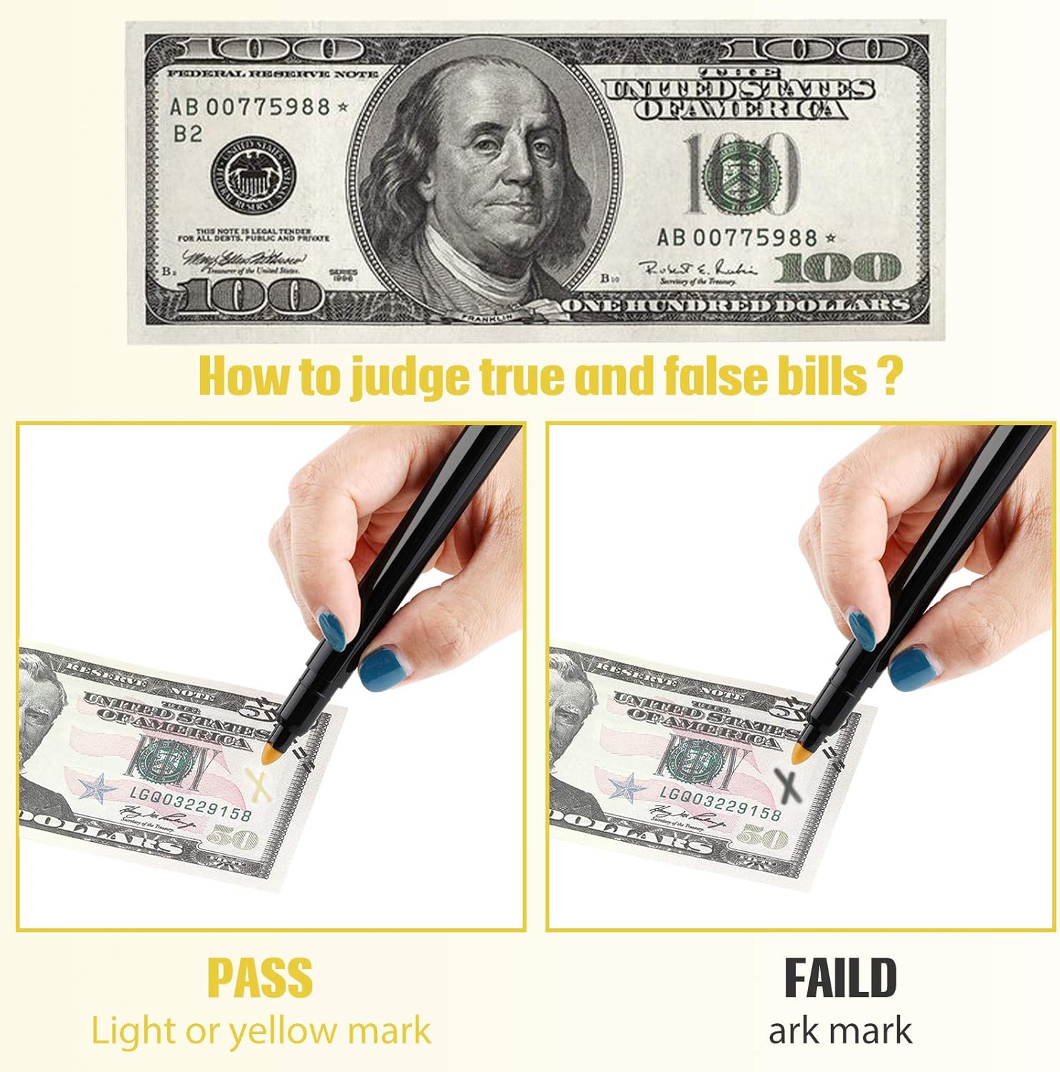 Counterfeit Bill Detector Pen Money Checker Bill Money Detector Marker Pen for Cash Currency Note (20 Pieces) : Office Products
