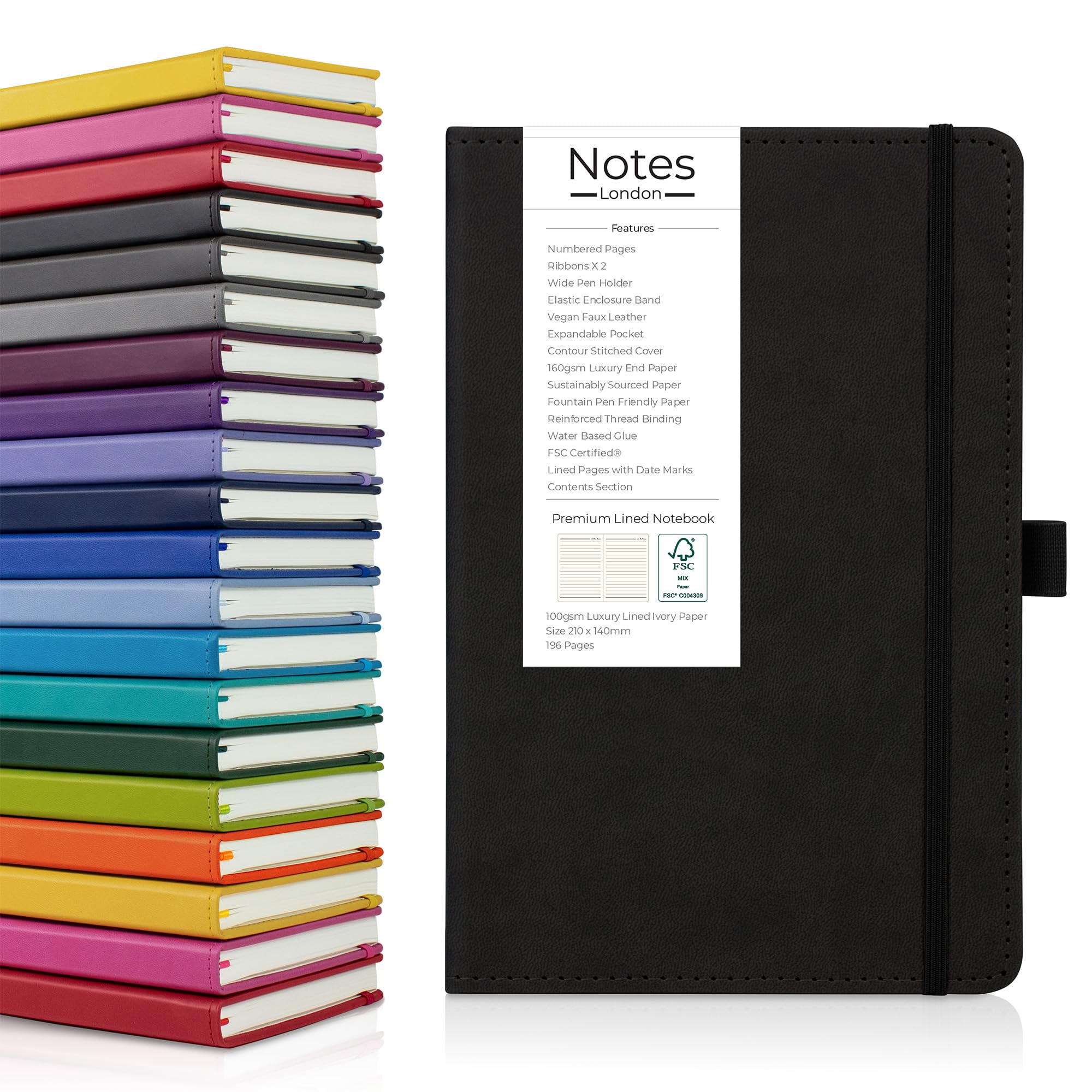 Notes London Luxury Italian style A5 Notebook with Stitched Hardcover, 100gsm Lined Numbered & Date Marked Pages, 2x Ribbons, Pen Loop, Contents Page, Paper Pocket, Medium Journal, Sustainable (Black)