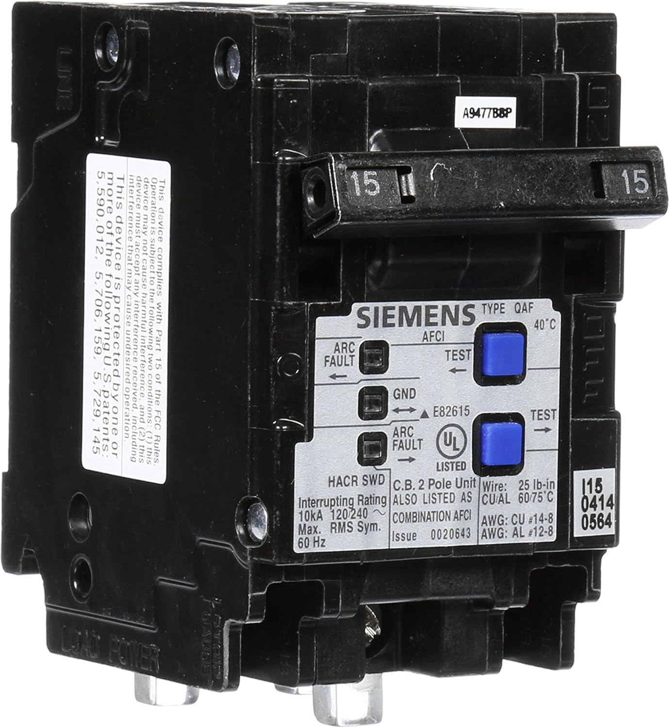 Siemens Q215AFCP 2-Pole 120-Volt combination type arc fault circuit interrupter, Clamshell Packaging - Circuit Breaker Panels - 