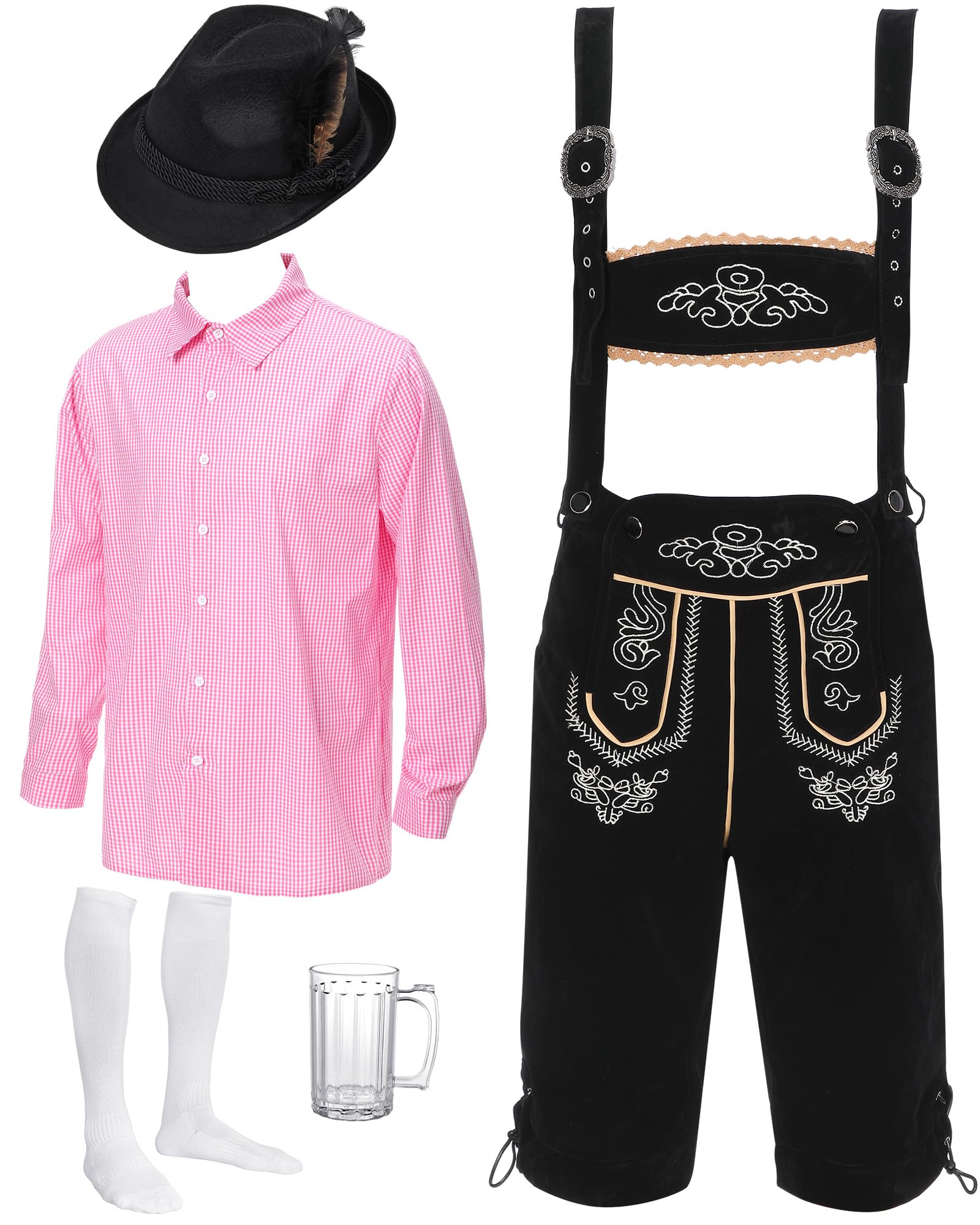 Photo 1 of ****missing shrit ***socks dirty****Toulite German Oktoberfest Costume Set Men Lederhosen Outfit Plaid Shirt Bavarian Hat Socks Beer Mug for Festival(Pink,Large)